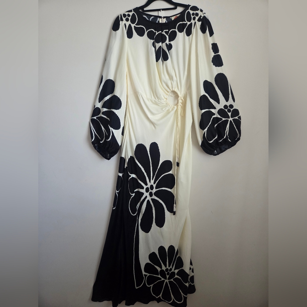 FARM Rio Palermo Cutout Long Sleeve Maxi Dress in Black/Off-White M Retro NWT - Picture 7 of 15